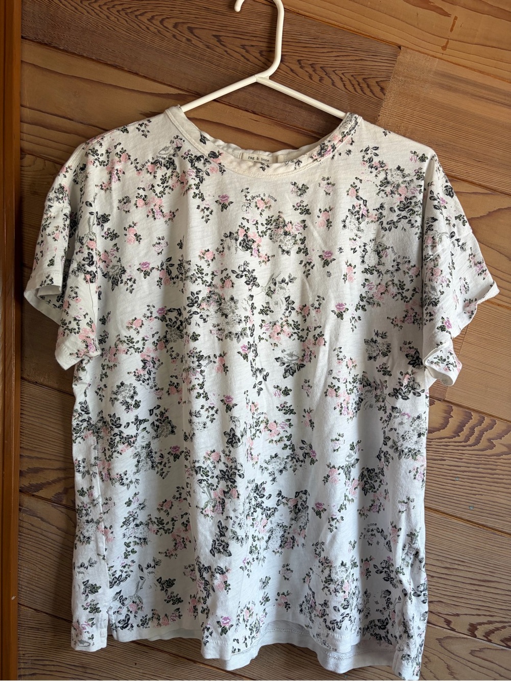 rag & bone White Short Sleeve Floral Tee with Pink & Green Print
